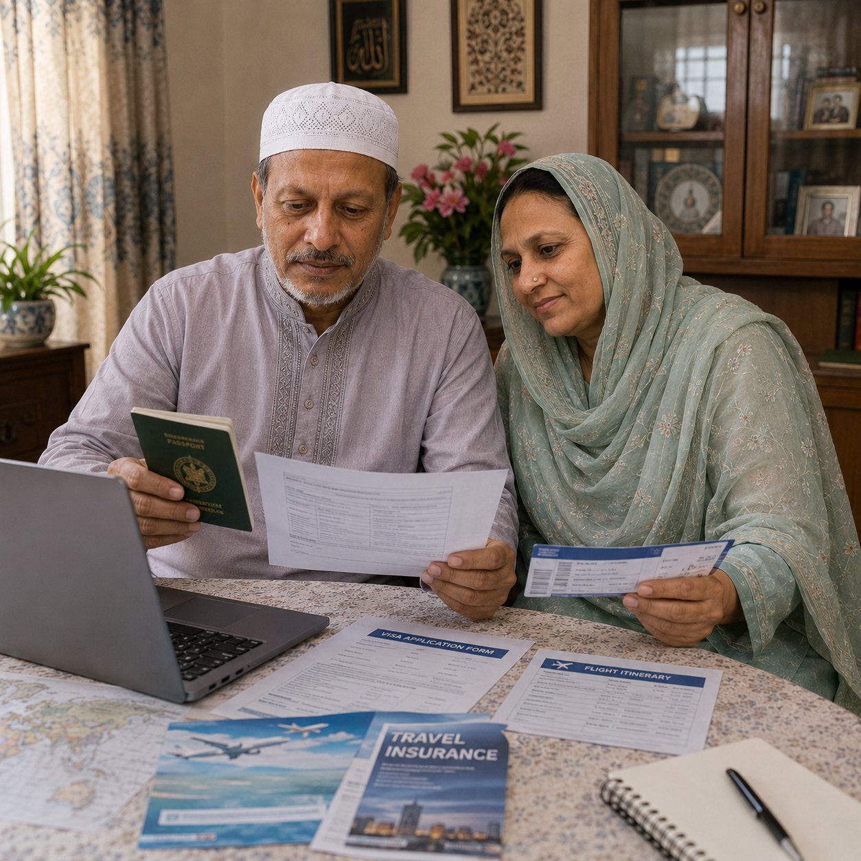 An elderly patient couple reviewing visa and travel documents with RayMediReach's support materials
